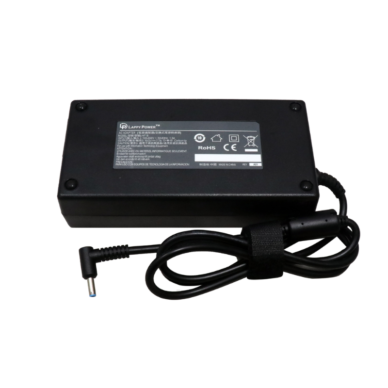 Black power adapter with a cable on a white background