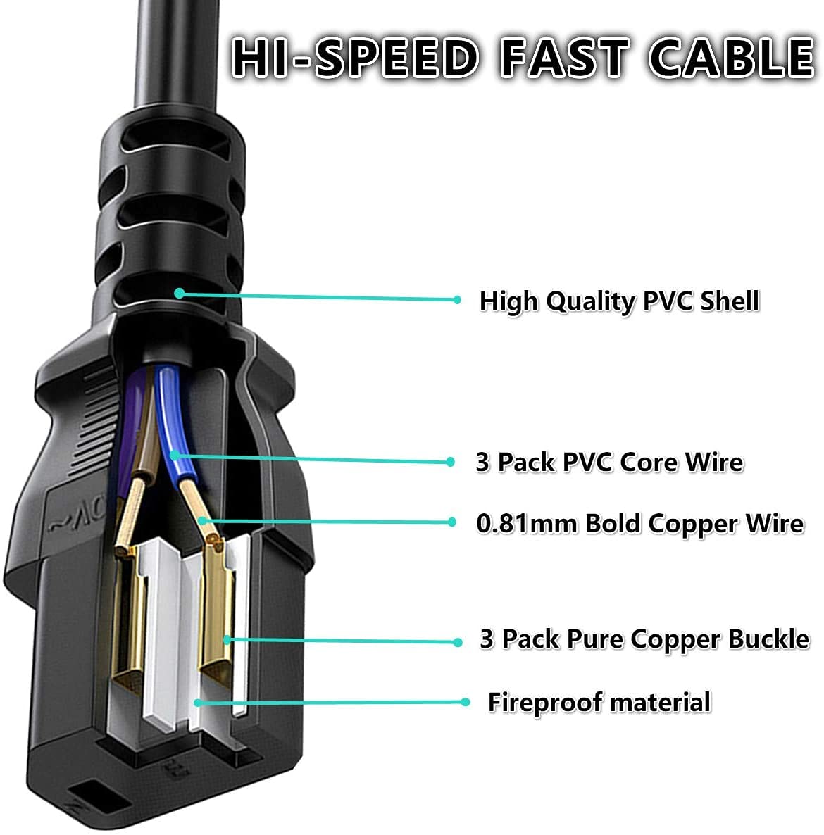 1.8 Meter black PVC Power Cable, compatible with desktops, monitors and SMPS featuring 3-pin connection, 250V voltage and durable material.