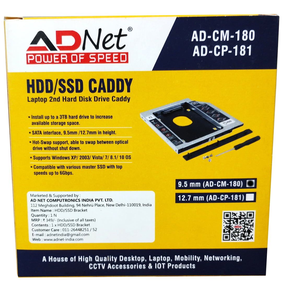 Metal Laptop Hard Drive Caddy for easy installation of 2nd HDD or SSD in CD/DVD Drive Slot, SATA pin type