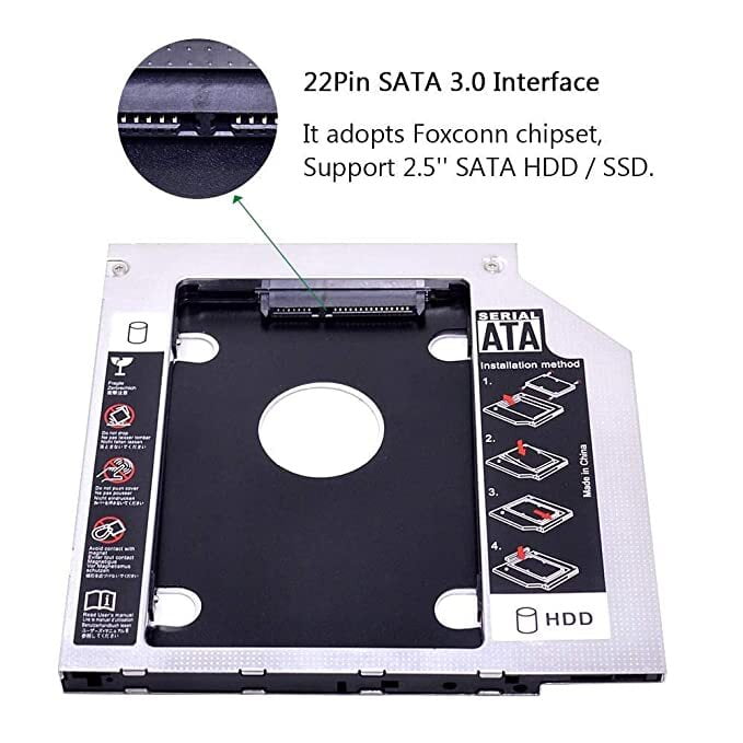 Metal Laptop Hard Drive Caddy for easy installation of 2nd HDD or SSD in CD/DVD Drive Slot, SATA pin type