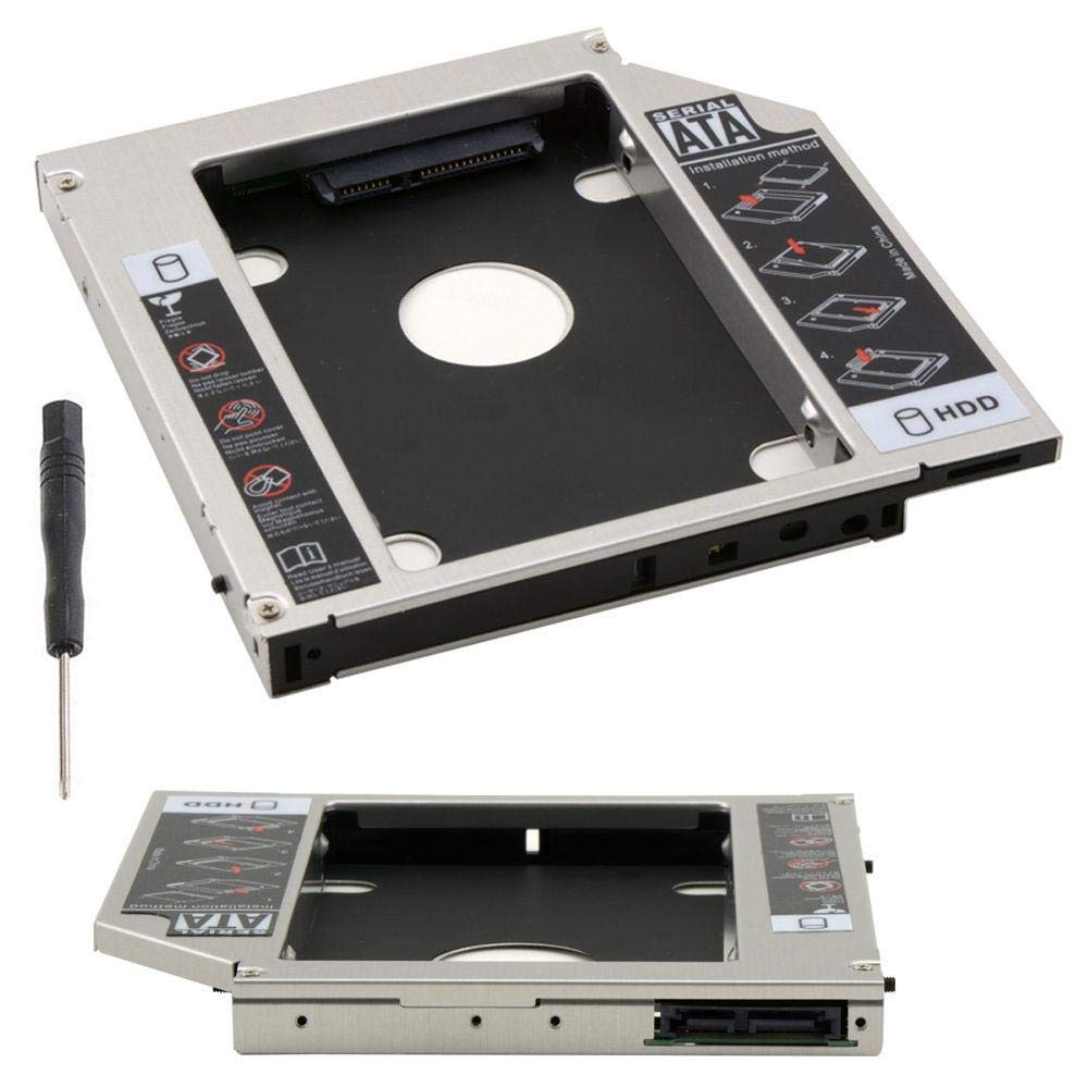 Metal 2nd Laptop Hard Drive Caddy sits in CD DVD Drive Slot, compatible with SATA SSD HDD. Features easy installation and increasing laptop storage.