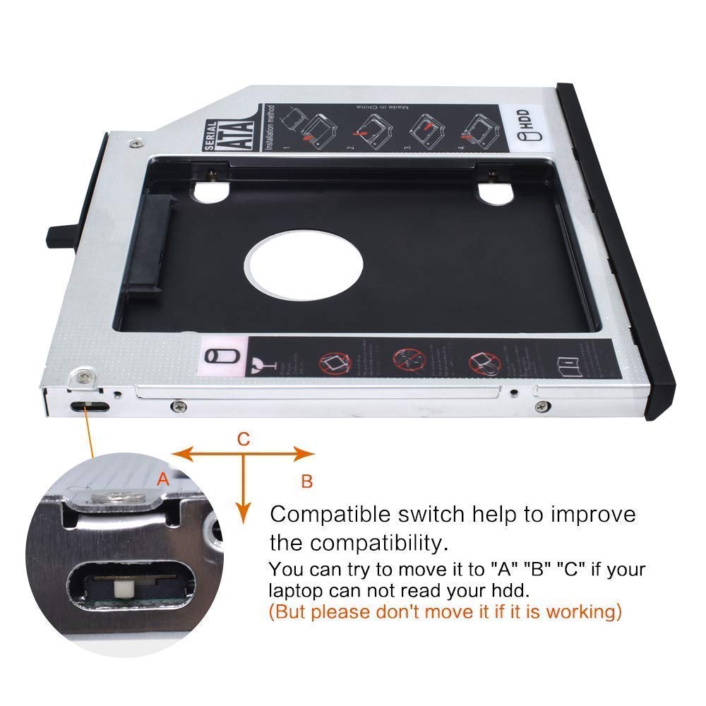 Metal 2nd Laptop Hard Drive Caddy sits in CD DVD Drive Slot, compatible with SATA SSD HDD. Features easy installation and increasing laptop storage.