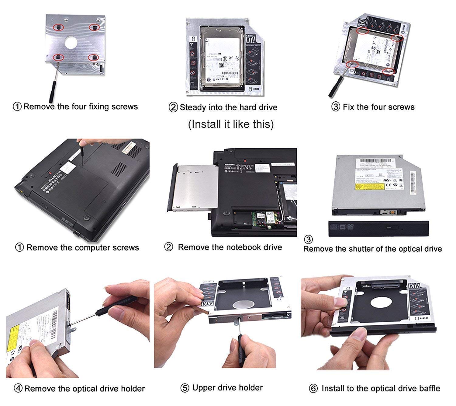 Metal 2nd Laptop Hard Drive Caddy sits in CD DVD Drive Slot, compatible with SATA SSD HDD. Features easy installation and increasing laptop storage.