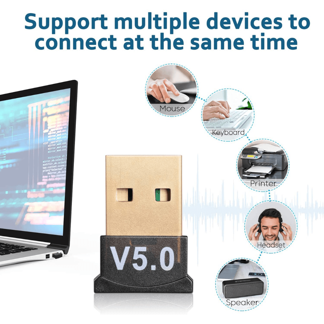 AD-BT-214 USB Bluetooth 5.0 Dongle Adapter, a plastic converter compatible with Windows and Mac OS, offering easy plug and play functionality.