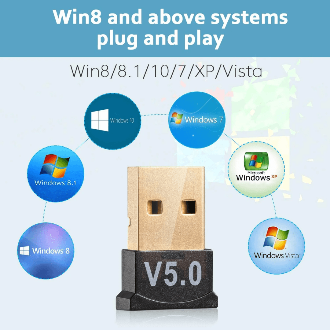 AD-BT-214 USB Bluetooth 5.0 Dongle Adapter, a plastic converter compatible with Windows and Mac OS, offering easy plug and play functionality.