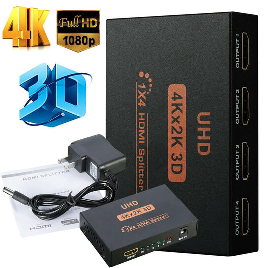 1x4 Metal HDMI Splitter supporting 3D and 4K visuals for optimal gaming, home theater and presentation experiences