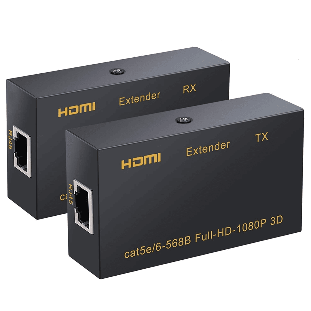 HDMI to RJ45 network cable extender of plastic material compatible with HDTV, PS4, STB. Supports 1080p transmission up to 60m