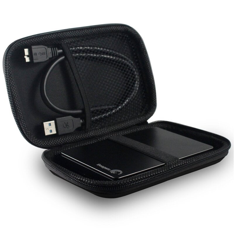 Compact black generic hard disk pouch or 2.5 inch HDD case being made of durable nylon, featuring shockproof and lightweight benefits suitable for easy transportation.