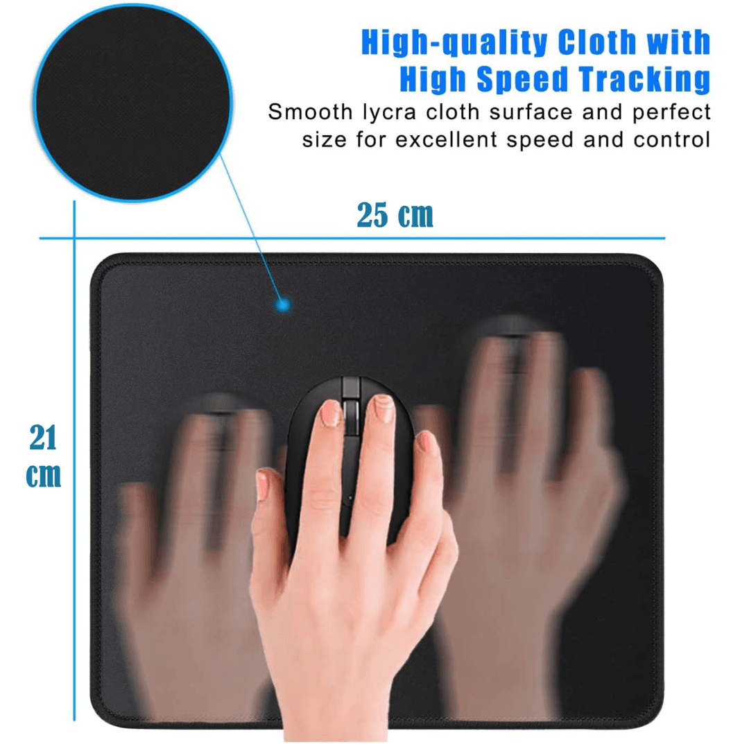 Black AD-01 Gaming Mouse Pad, 25x21 CM in size, made from Rubber and Fabric with Silk Gliding feature and Durable Edges, compatible with all mice.