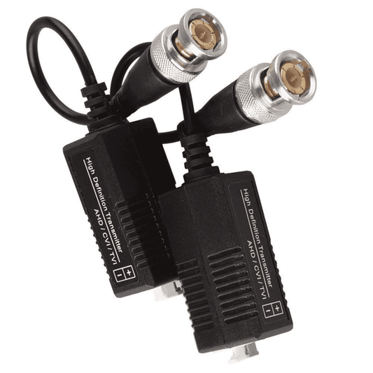 Compact Generic CCTV Video Balun in black, a Passive 1080P Video Transmitter, and Balun for DVR made of metal and plastic, compatible with TVI, CVI, AHD Cameras