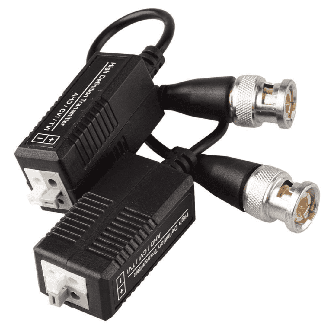 Compact Generic CCTV Video Balun in black, a Passive 1080P Video Transmitter, and Balun for DVR made of metal and plastic, compatible with TVI, CVI, AHD Cameras