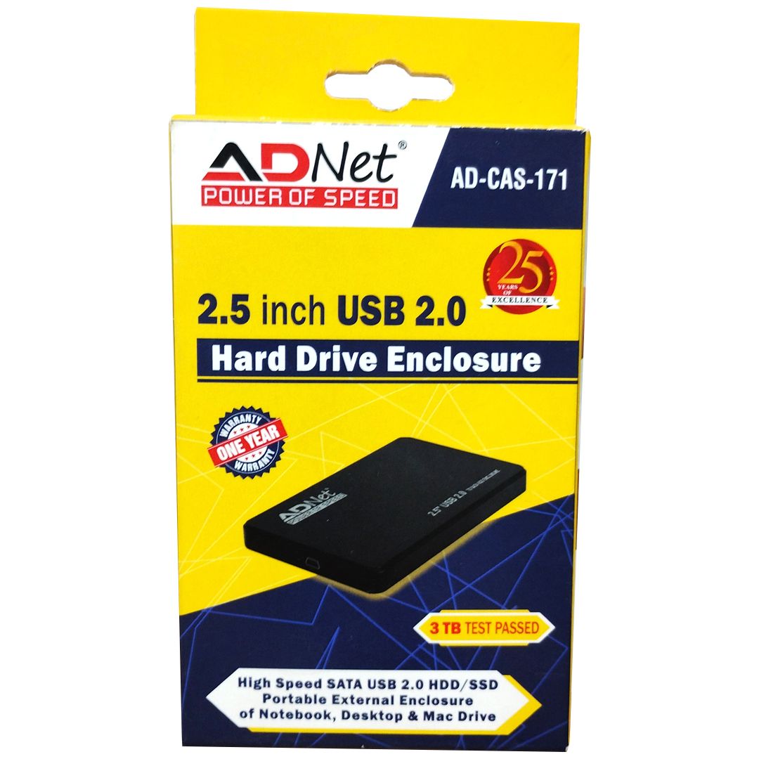 AD-CAS-171 black plastic HDD Enclosure, sturdy yet lightweight 2.5-inch external HDD casing compatible with 2.5' SATA drives, supports USB connection.