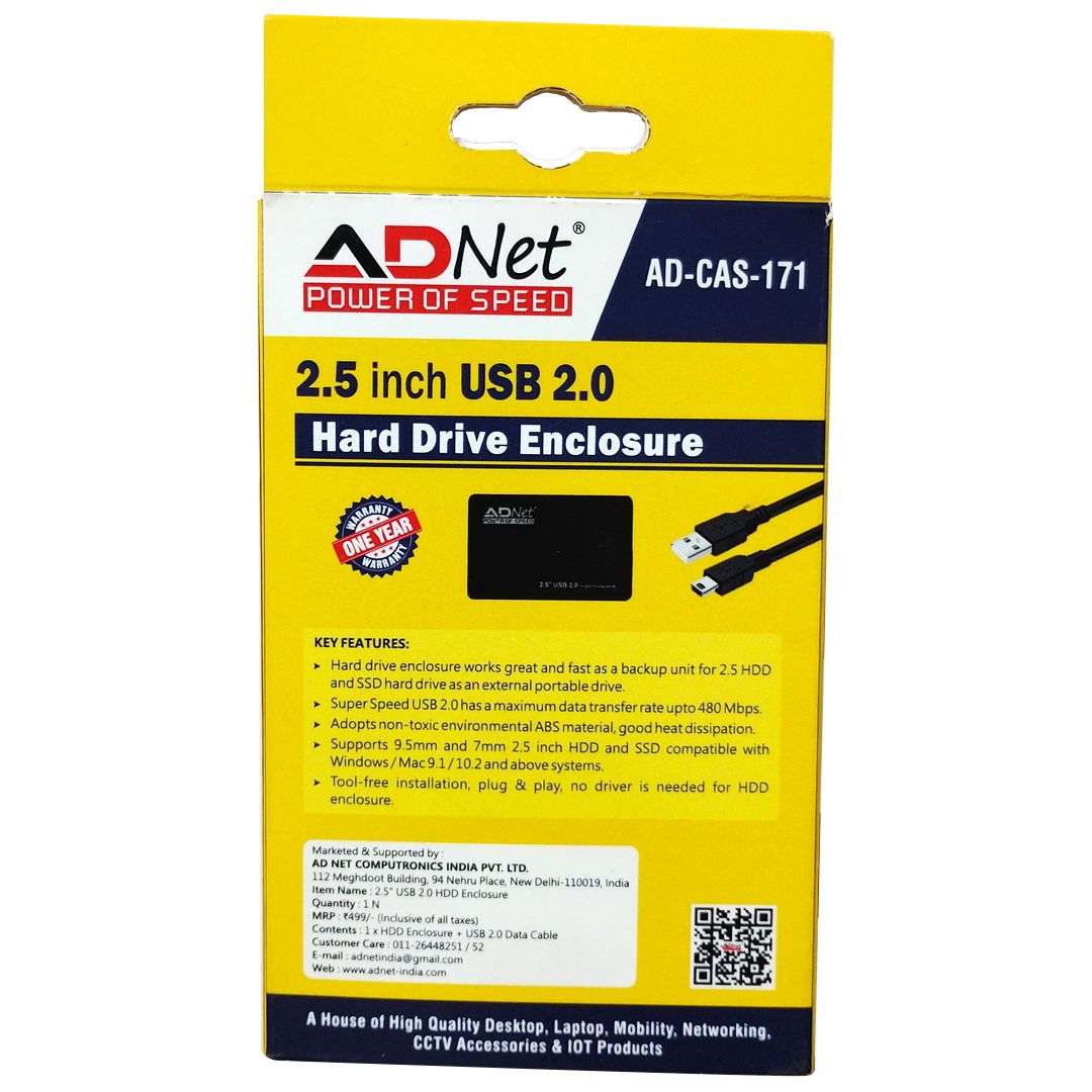 AD-CAS-171 black plastic HDD Enclosure, sturdy yet lightweight 2.5-inch external HDD casing compatible with 2.5' SATA drives, supports USB connection.