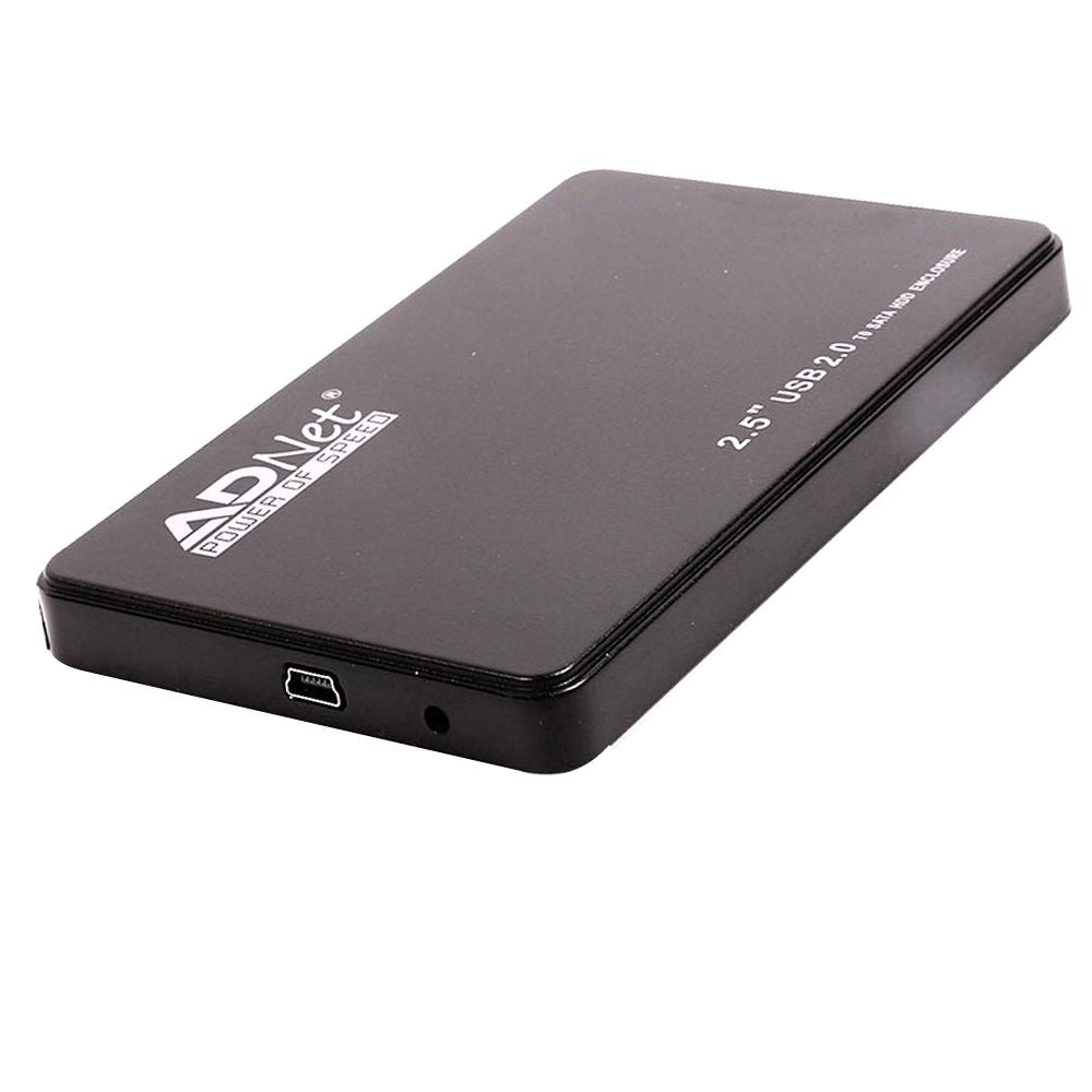 AD-CAS-171 black plastic HDD Enclosure, sturdy yet lightweight 2.5-inch external HDD casing compatible with 2.5' SATA drives, supports USB connection.