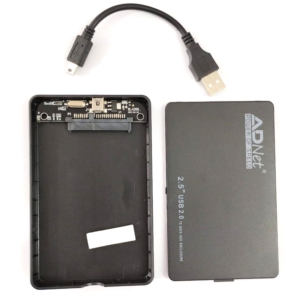 AD-CAS-171 black plastic HDD Enclosure, sturdy yet lightweight 2.5-inch external HDD casing compatible with 2.5' SATA drives, supports USB connection.