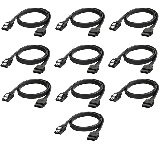 A 10-pack of black, straight SATA 3 6.0 Gbps data cables with both side locking latch, compatible with HDD and SSD