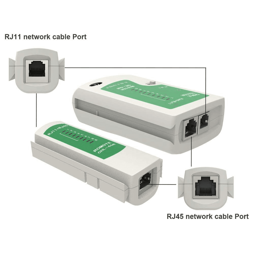 AD-LT-389 Cable Tester, a plastic single tool from Repairing tools collection capable of testing LAN, RJ45, RJ11, CAT5 and CAT6 cables, and featuring LED indicators for cable diagnostics