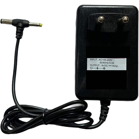 Compact Generic 9V 1A DC Pin Power Adapter in black, good for boards and routers, made of robust plastic and metal