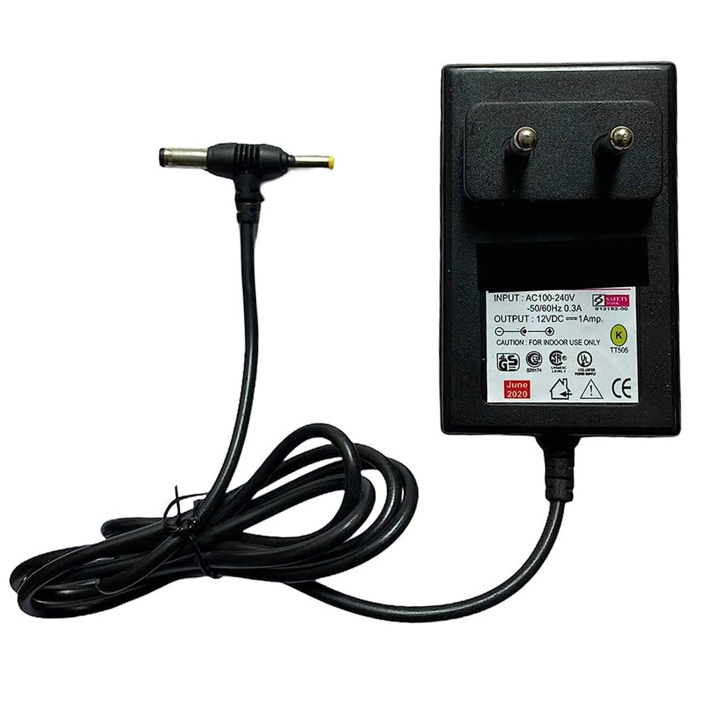 Compact black Generic Power Adapter, made of Plastic and Metal, delivers stable 12V, 1A output for efficient charging of Boards and Routers via DC Pin.