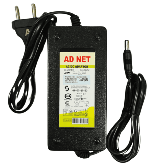 Compact black generic power adapter with DC pin connection, perfect for 12V boards and routers, featuring 3A stable output.