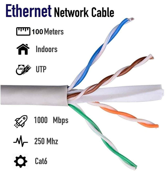 Packaged roll of 100 Meter High-Speed CAT6 Ethernet Network Cable by UTP for efficient LAN networking, built in China