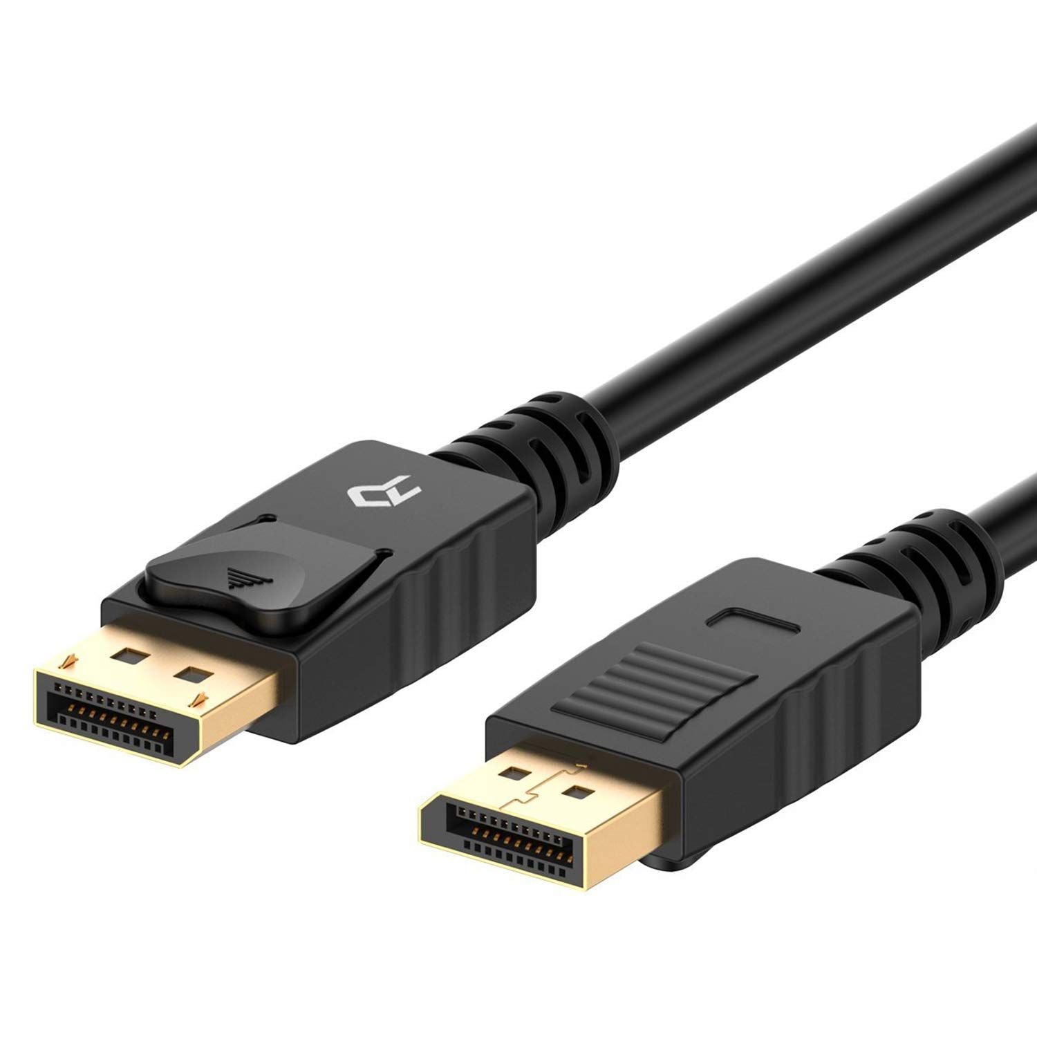 Black 1.5 meter DisplayPort to DisplayPort cable, compatible with monitor, TV, and projector, offering 4K resolution