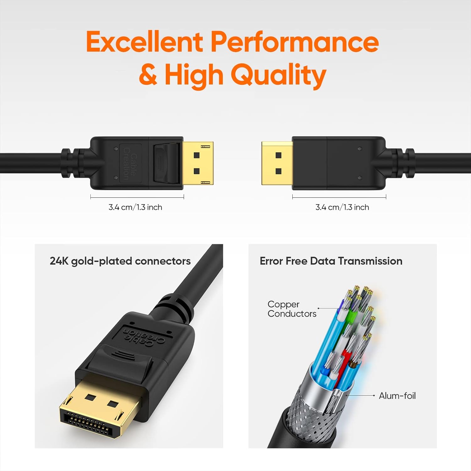 Black 1.5 meter DisplayPort to DisplayPort cable, compatible with monitor, TV, and projector, offering 4K resolution