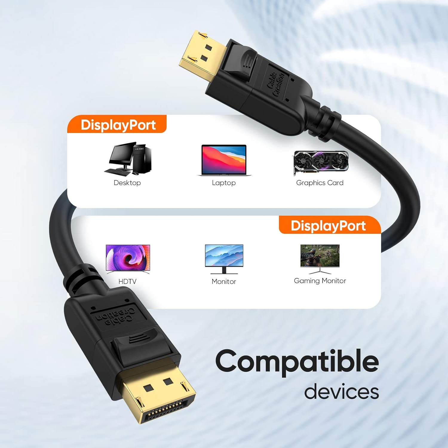 Black 1.5 meter DisplayPort to DisplayPort cable, compatible with monitor, TV, and projector, offering 4K resolution