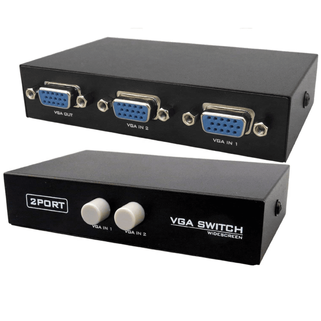 2 Port VGA Switch made of metal with press button and 1080p support, operates as a VGA Splitter for PC, TV and monitor