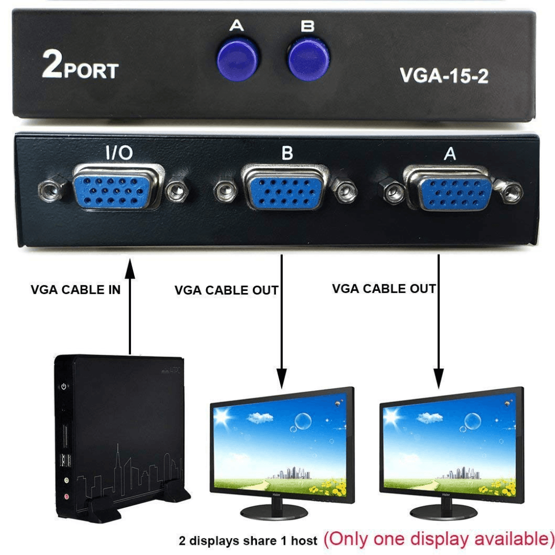 2 Port VGA Switch made of metal with press button and 1080p support, operates as a VGA Splitter for PC, TV and monitor