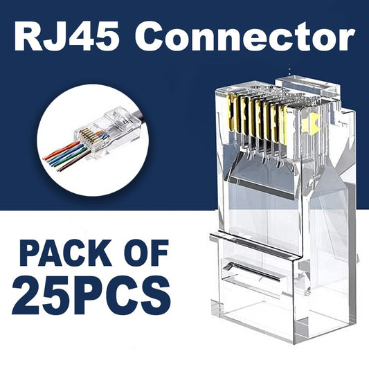 A pack of 25 RJ45 Ethernet crimp connectors made of plastic for reliable network cable connection