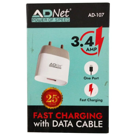 Single port AD-107 fast charger, 3.4 AMP with USB and data cable. Made of plastic and part of power extension strip collection, universally compatible.