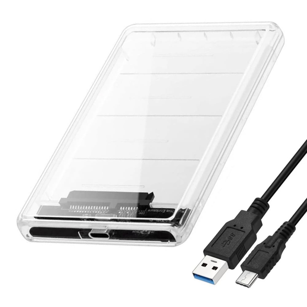 Transparent USB Type-C to SATA HDD Case made of plastic, compatible with 2.5 inch SATA HDD/SSD with portable, plug and play features.