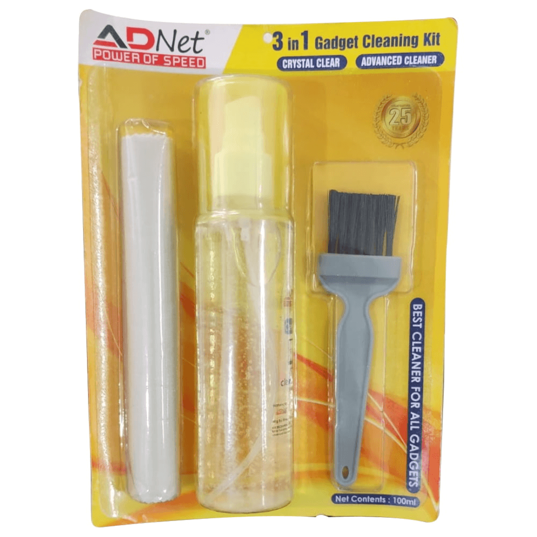 3 in 1 Gadget Cleaning Kit with Advanced Crystal Cleaner liquid solution for maintaining the cleanliness of electronic devices