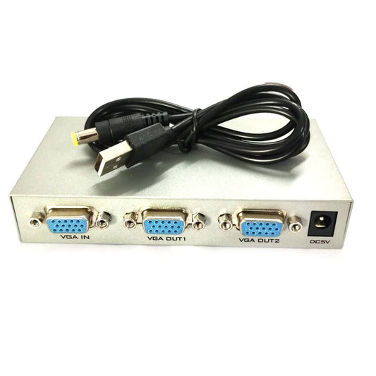 Durable 2 port VGA splitter made of ABS Plastic and Metal, ideal for screen sharing between monitors and PCs, featuring 150MHz VGA display converter