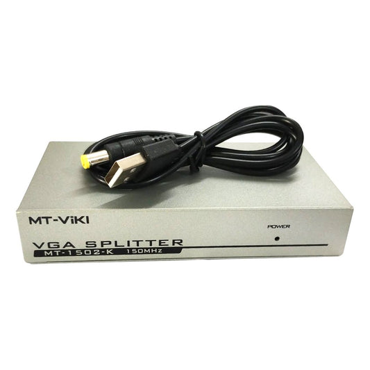 Durable 2 port VGA splitter made of ABS Plastic and Metal, ideal for screen sharing between monitors and PCs, featuring 150MHz VGA display converter