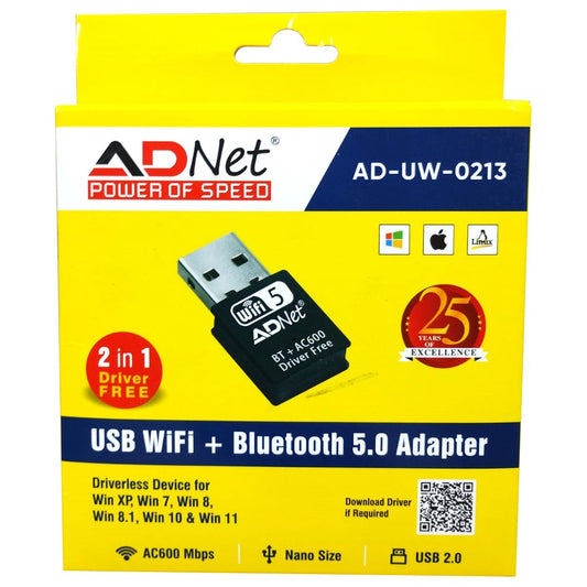 AD-UW-0213 USB WIFI Bluetooth Adapter made of Plastic, compatible with Windows 7/8/8.1/10/XP and Mac, featuring WIFI and Bluetooth 5.0 dual function