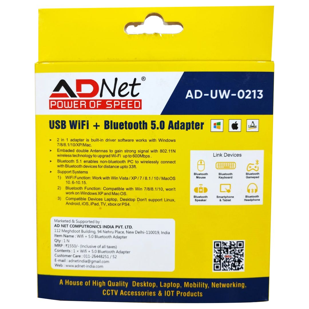 AD-UW-0213 USB WIFI Bluetooth Adapter made of Plastic, compatible with Windows 7/8/8.1/10/XP and Mac, featuring WIFI and Bluetooth 5.0 dual function