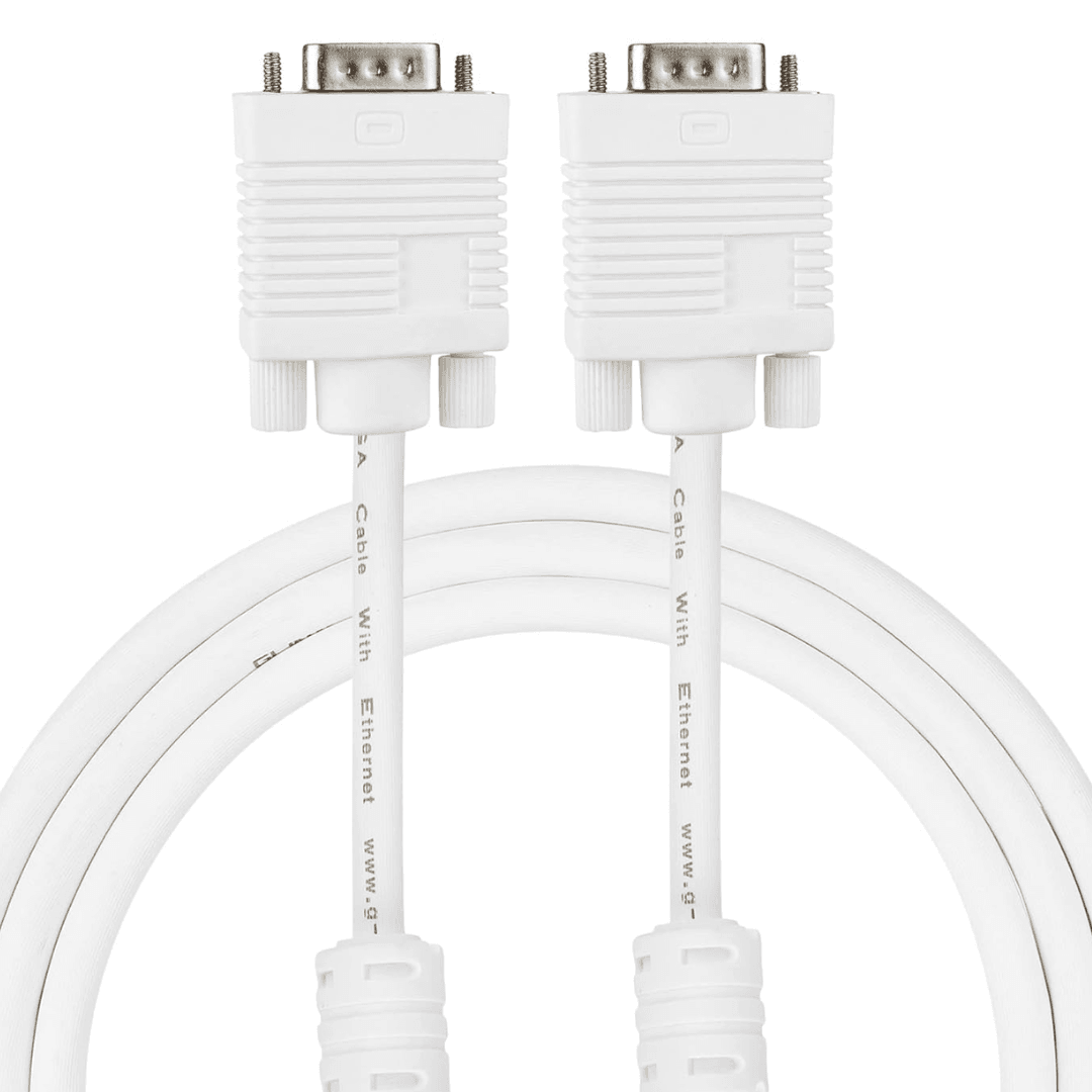 1.5 meter VGA cable with male-to-male connectors for PC monitors, LCD, and LED displays, crafted from durable PVC and copper.