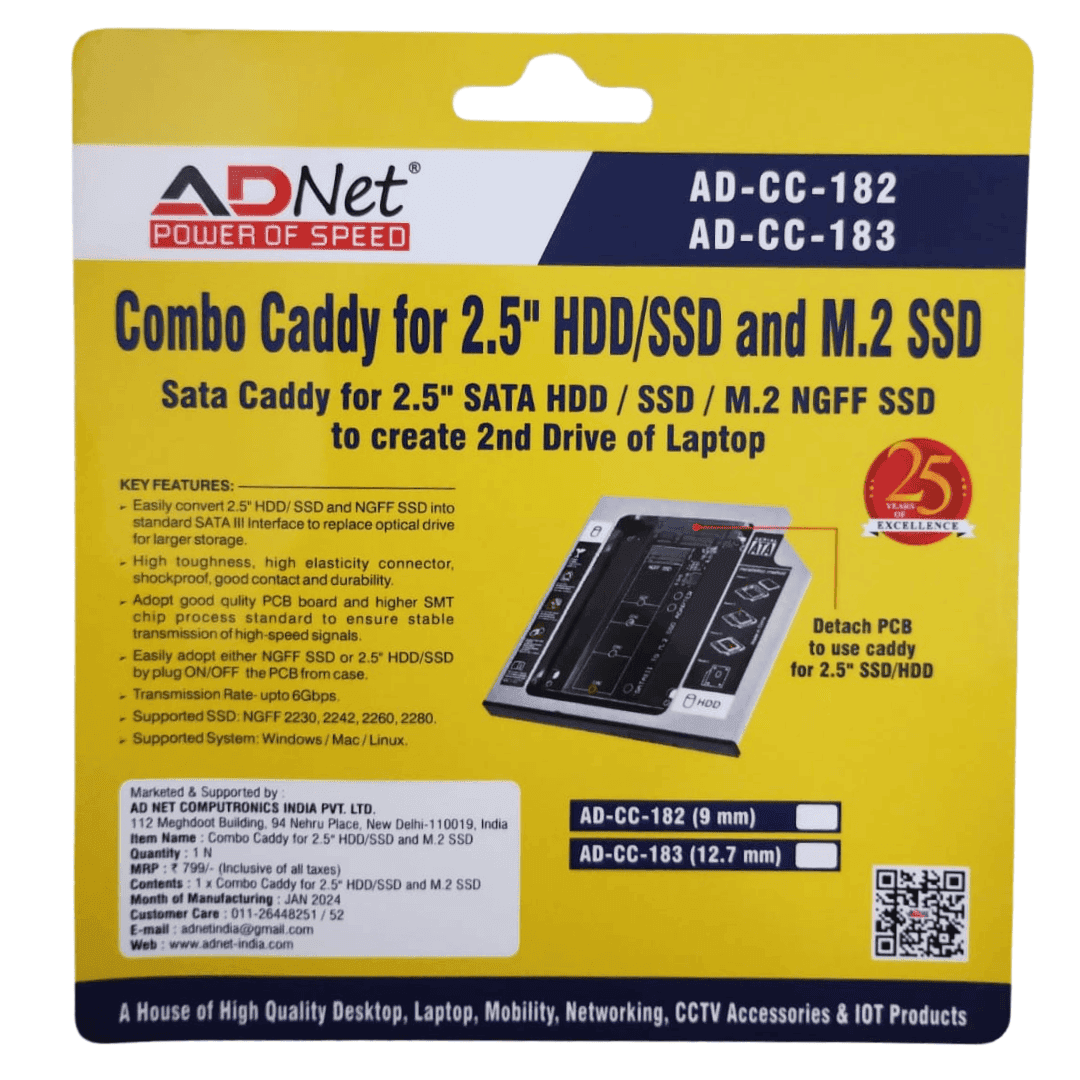 Adnet Combo Caddy in plastic, a compact HDD/SSD storage upgrade solution compatible with PC and electronics featuring a Brushless Motor.