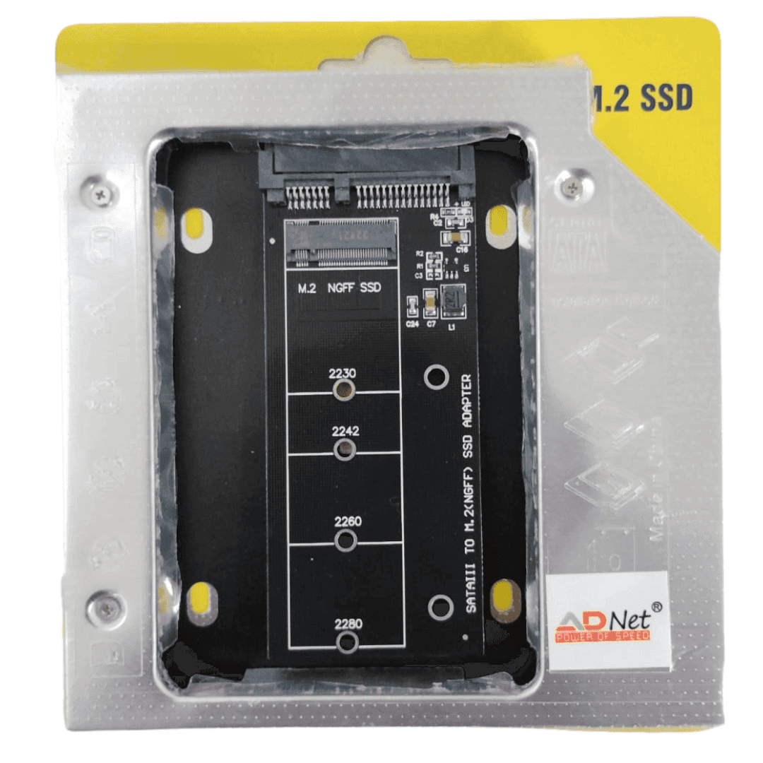 Adnet Combo Caddy in plastic, a compact HDD/SSD storage upgrade solution compatible with PC and electronics featuring a Brushless Motor.