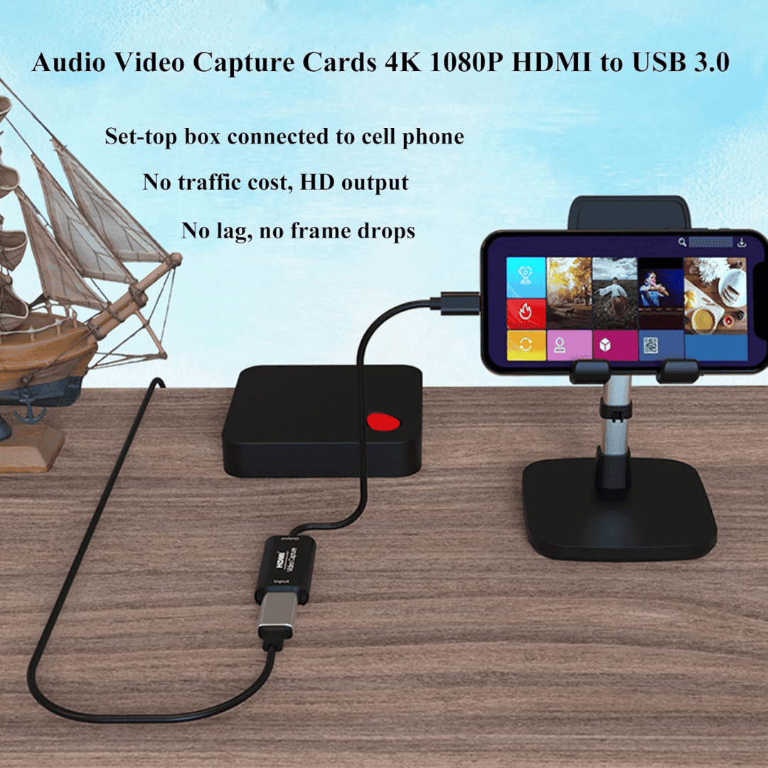 4K UHD Video Capture Device, a plug-and-play USB dongle made of plastic, compatible with notebook, desktop and Mac for real-time streaming and gameplay capture.