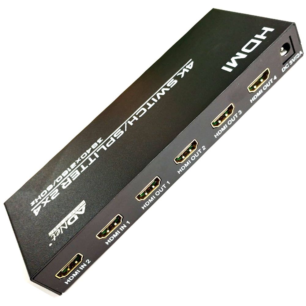 4K HDMI Splitter, Metal 2 Input 4 Output HDMI Connector, appropriate for Gaming and Home Theater, model AD 1104, supports HDCP 2.2