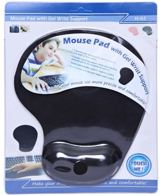 Black H-02 Mouse Pad featuring gel wrist support for comfort, made of Rubber and fabric, compatible with all mice.