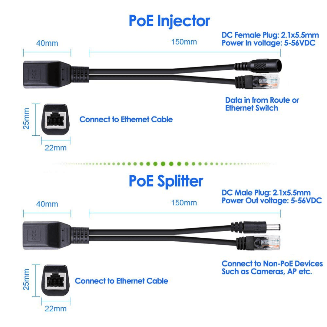 Black standard-sized Generic PoE Injector/Splitter with plastic and metal combination. Compatibility includes Ethernet devices and IP cameras, connection types are RJ45 and DC.