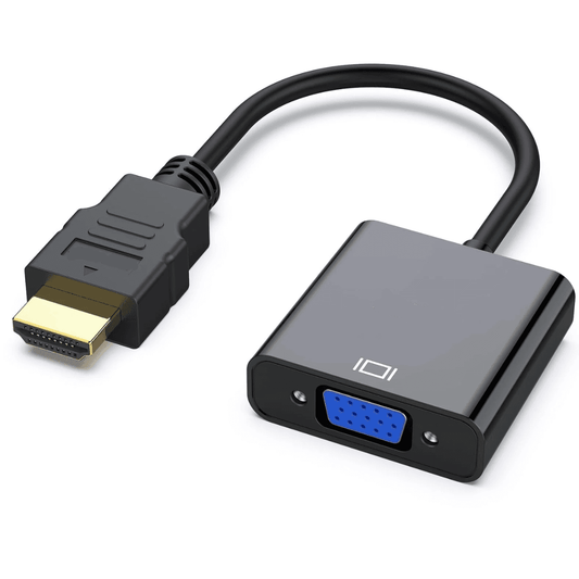 Generic brand standard size, black HDMI to VGA converter made of plastic and metal, compatible with HDMI Devices and VGA monitors