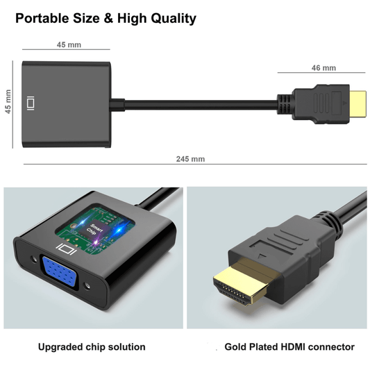 Generic brand standard size, black HDMI to VGA converter made of plastic and metal, compatible with HDMI Devices and VGA monitors