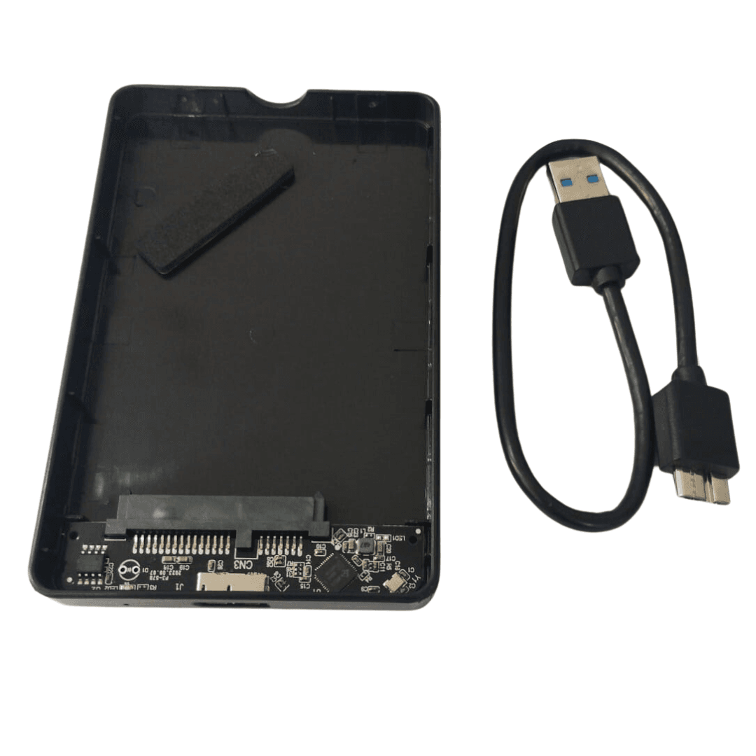 Portable 2.5 Inch USB 3.0 HDD and SSD Enclosure, made of plastic, compatible with RJ45 and RJ11 cables, and features high-speed data transfer