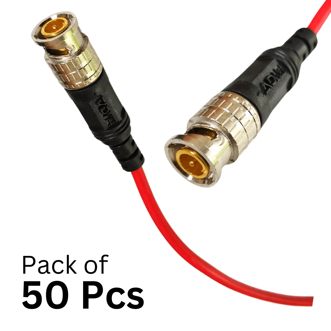 Image of a pack of 50 AD-BN-369 BNC cables with premium brass connectors and copper cables, compatible with various devices.