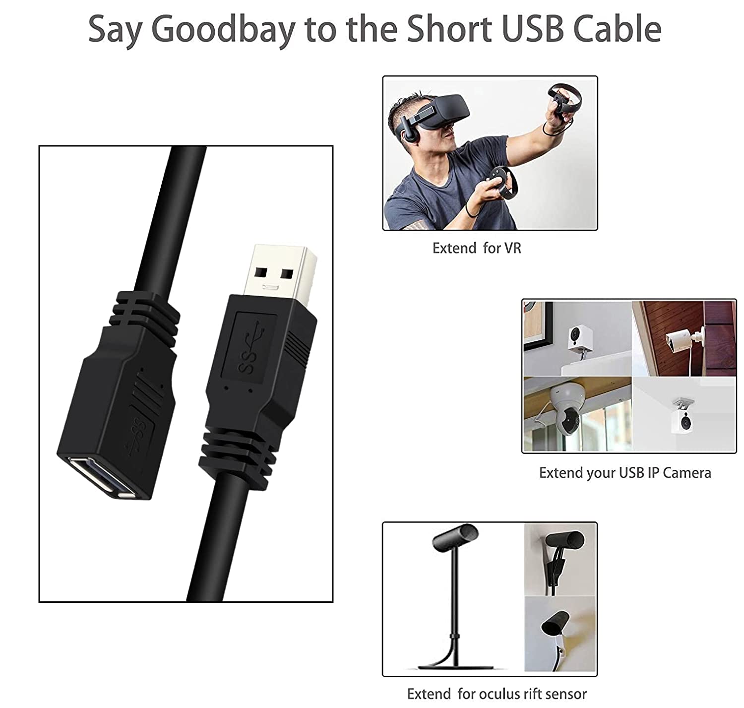 1.5 meter Type A male to female USB 2.0 extension cable compatible with USB devices, made from PVC and copper